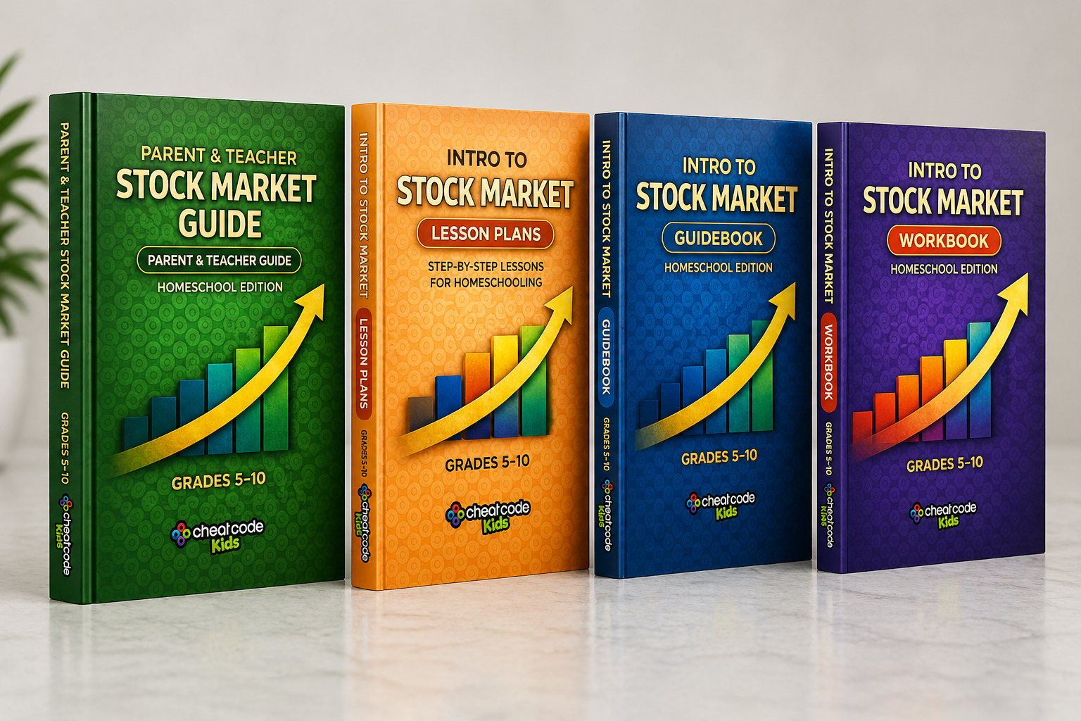 The four CheatCode Kids stock market books lined up with interior previews